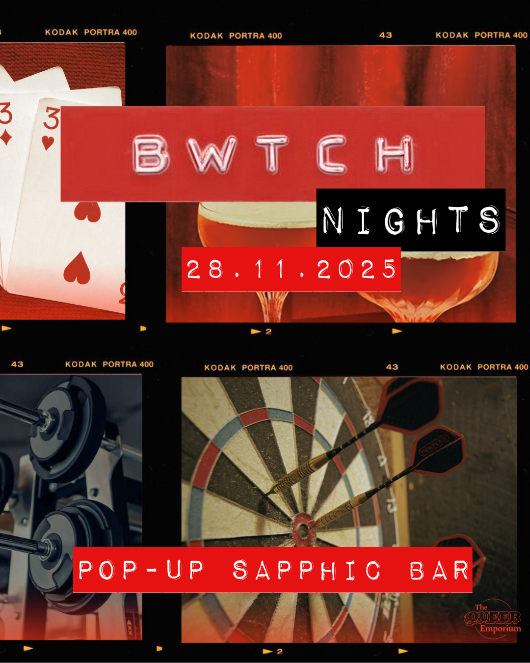 Four polaroid photos with black borders around them. The features feature cards, weightlifting bars, cocktails and a dart board. It includes necessary information for the event: date (28/11/2025) and start time (19:30).