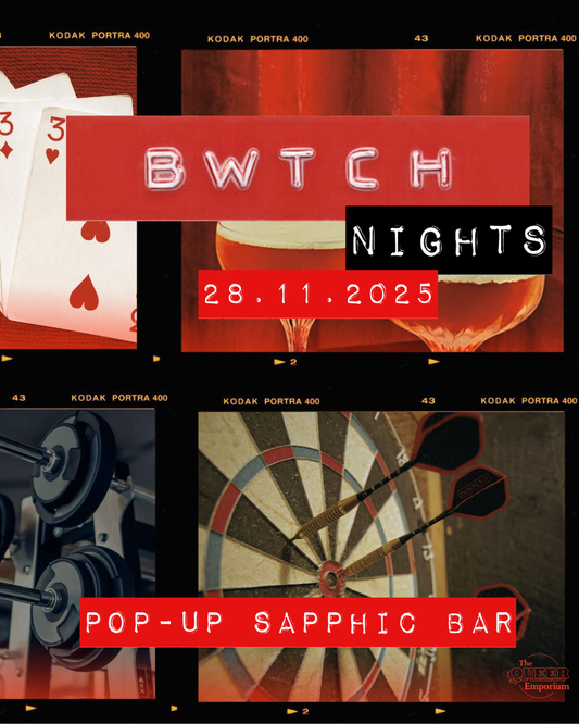 Four polaroid photos with black borders around them. The features feature cards, weightlifting bars, cocktails and a dart board. It includes necessary information for the event: date (28/11/2025) and start time (19:30).