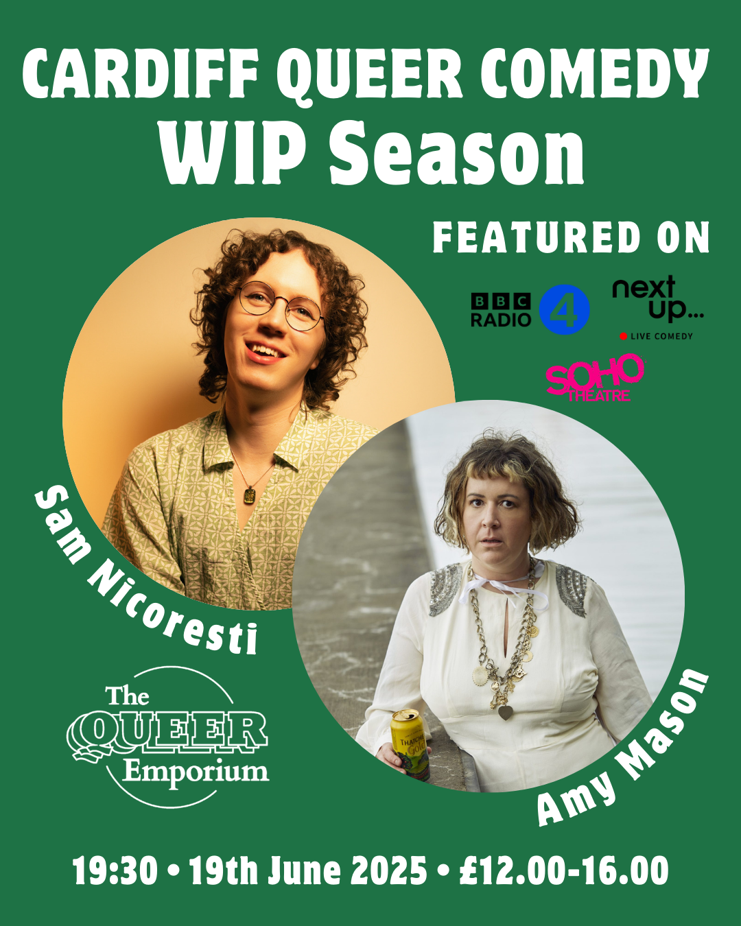 Dark green background featuring images of Amy Mason and Sam Nicoresti. It includes information about the event including time (19:30), date (19/06/2025) and prices for tickets.