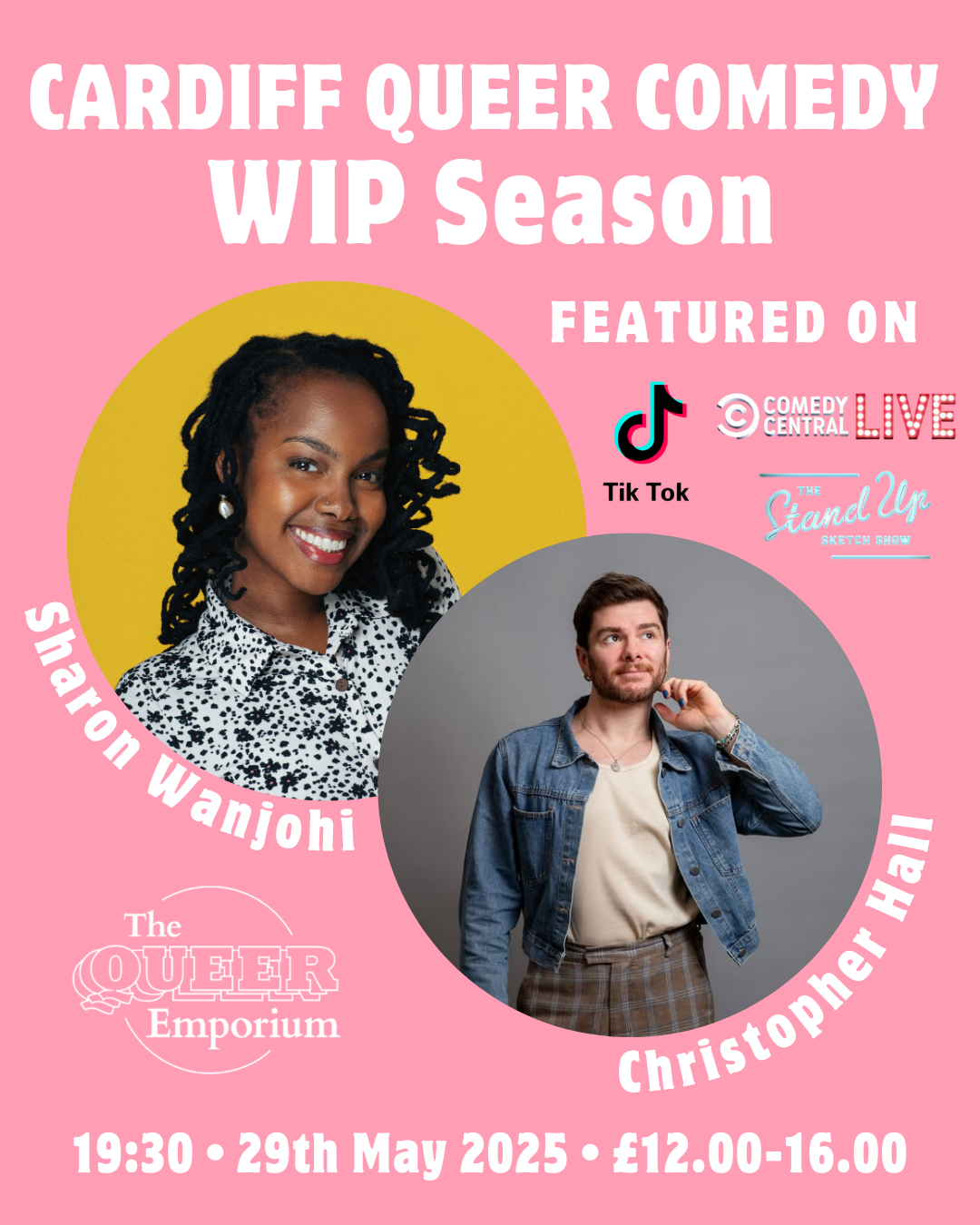 Light pink background featuring images of Christopher Hall and Sharon Wanjohi. It includes information about the event including time (19:30), date (29/05/2025) and prices for tickets.