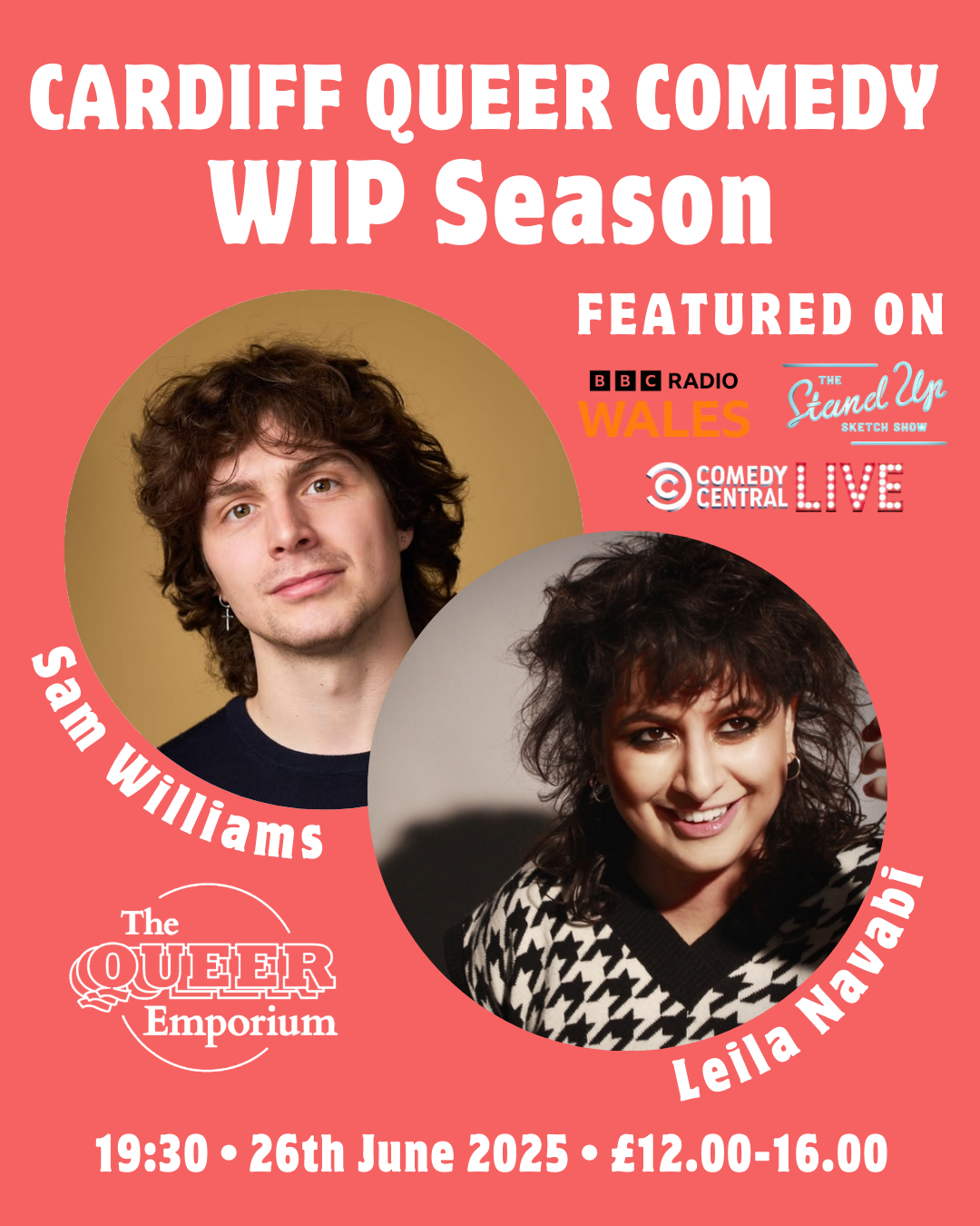 Light red background featuring images of Leila Navabi and Sam Williams. It includes information about the event including time (19:30), date (26/06/2025) and prices for the event.