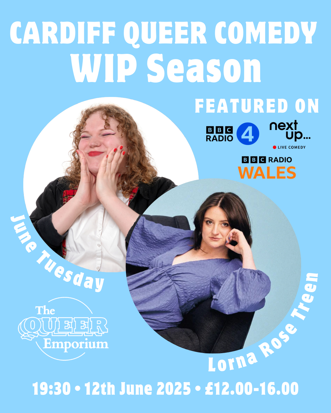 Light blue background featuring an image of Lorna Rose Treen and June Tuesday. It includes information about the event including time (19:30), date (12/06/2025) and prices for tickets.