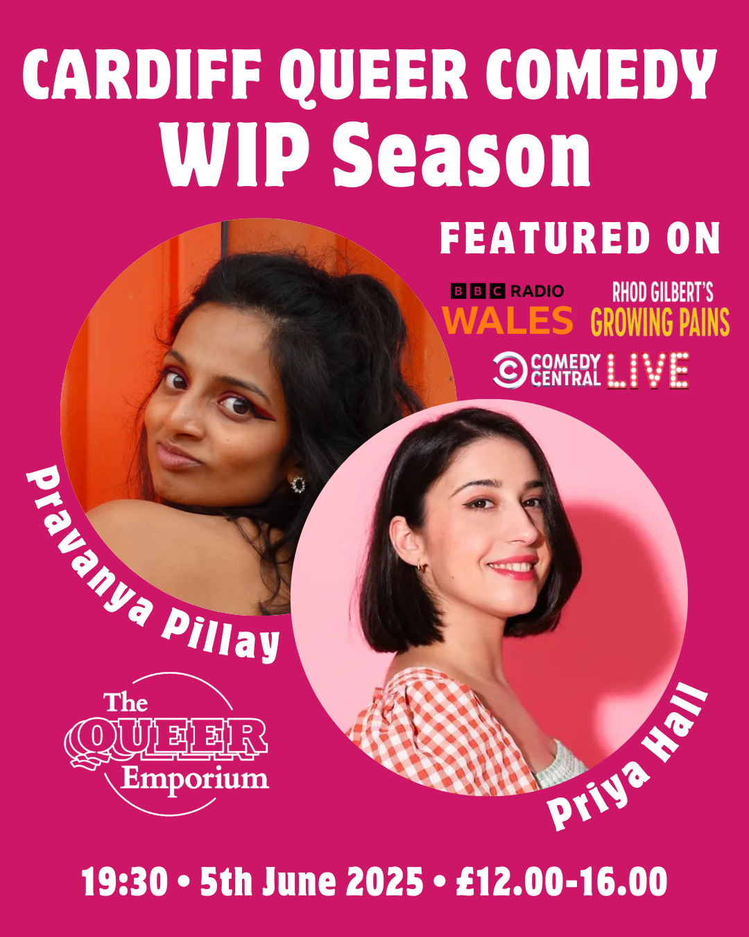 Dark pink background featuring images of Priya Hall and Pravanya Pillay. It includes information about the event including time (19:30), date (05/06/2025) and prices.