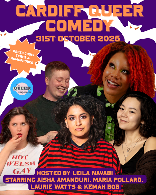Purple background with images of bats in white with orange eyes. On top of this, there is orange writing that includes the title of the event, date (31/10/2025) and photos and names of the acts: Leila Navabi, Aisha Amanduri, Maria Pollard, Laurie Watts & Kemah Bob.
