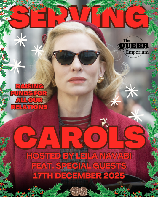 Poster for 'Serving Carols' with a photo of Cate Blanchett from 'Carol' wearing sunglasses and a red coat, surrounded by Christmas decorations.