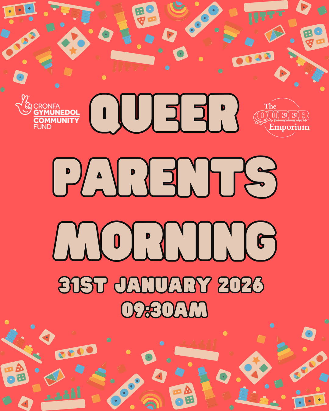 Light red background, featuring images of multicoloured toys along the top and bottom of the page. Also featured is the title of the event, date (31/01/2026) and time (09:30).