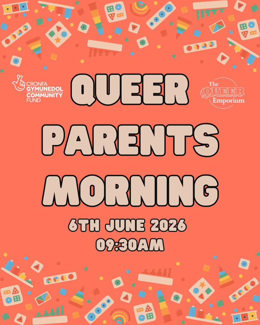 Light red background, featuring images of multicoloured toys along the top and bottom of the page. Also featured is the title of the event, date (06/06/2026) and time (09:30).