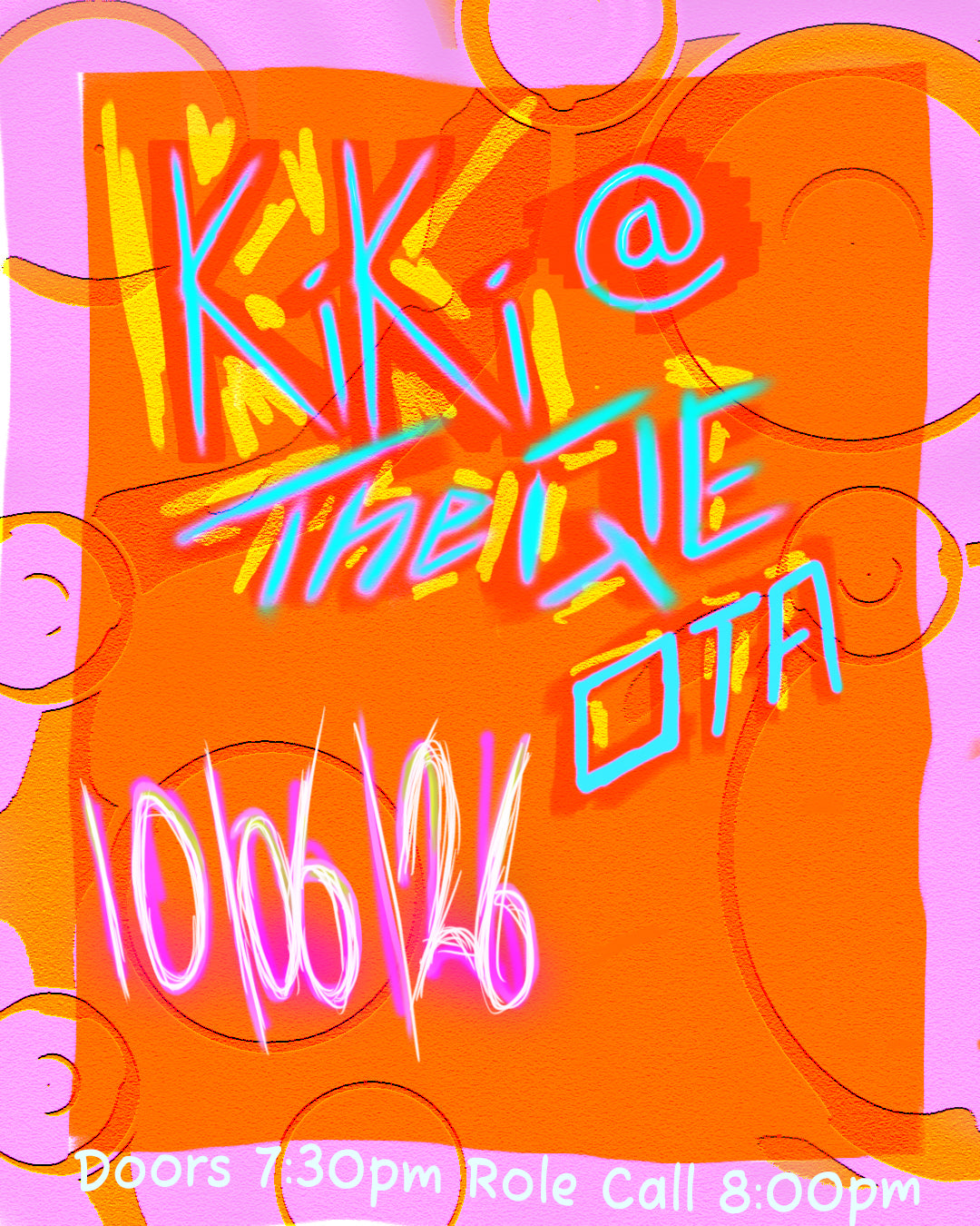 Orange and pink poster for Kiki at the QE, an open-to-all Ballroom event on the 10th June 2026.
