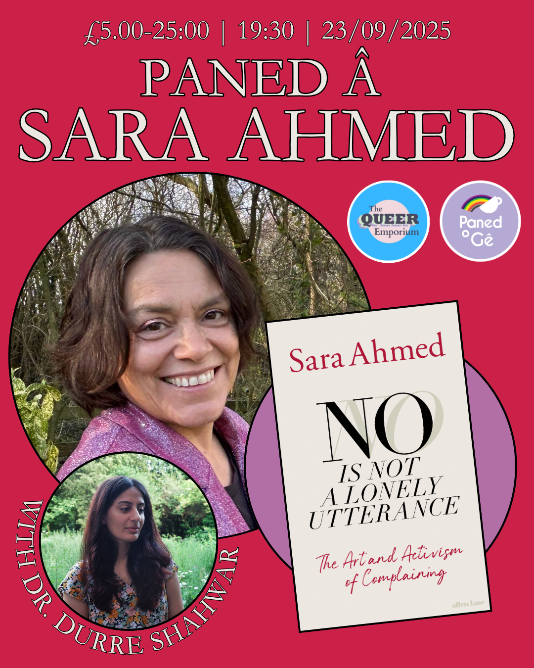 Promotional poster for a talk by Sara Ahmed with her book 'No is Not a Lonely Utterance' on a red background, featuring photo of her and Durre Shahwar. It also includes the prices of tickets, time (19:30) and date (23/09/2025.