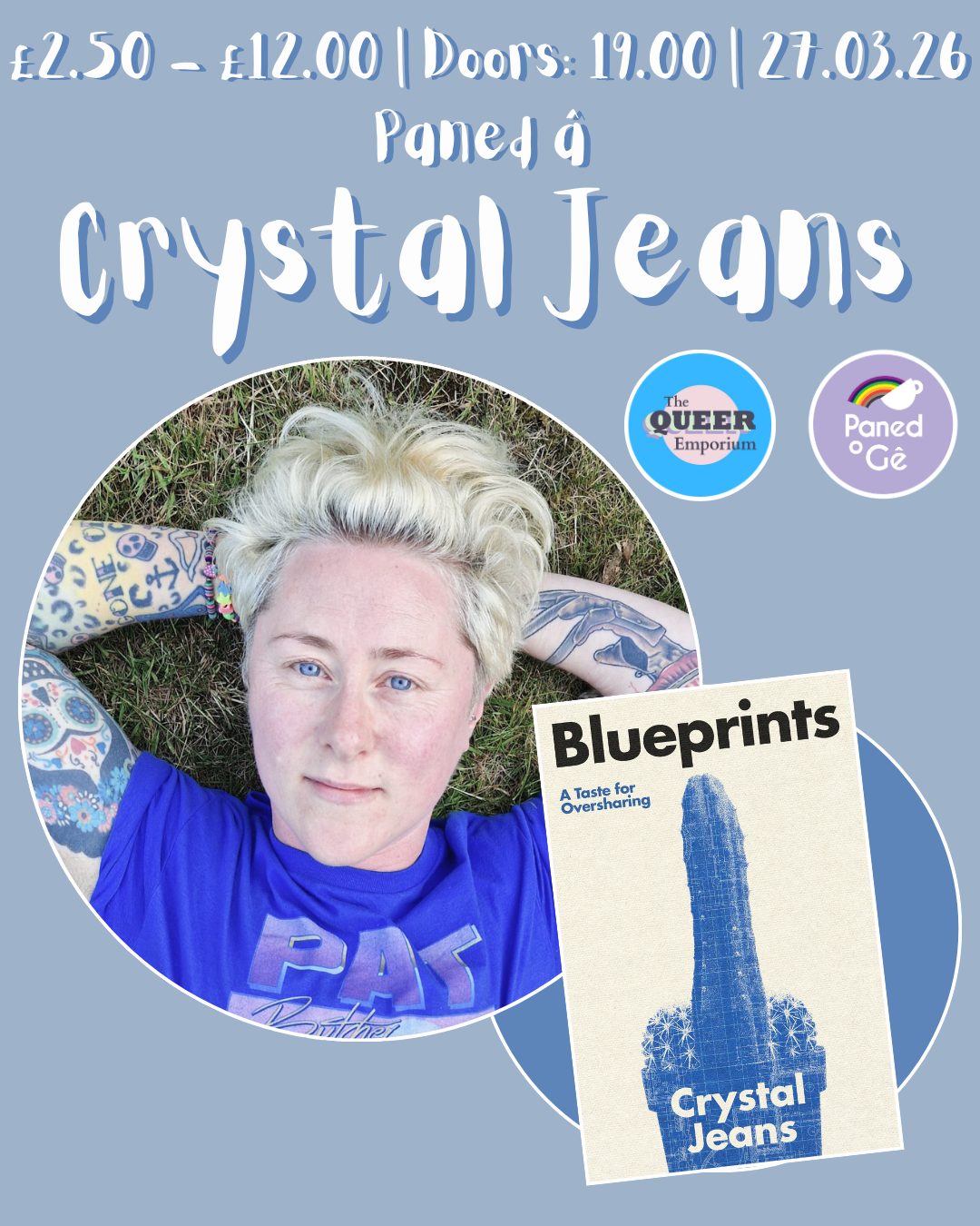 Poster for book launch for Crystal Jeans' 'Blueprints' at The Queer Emporium on the 27th March 2026. Doors open at 19:00.
