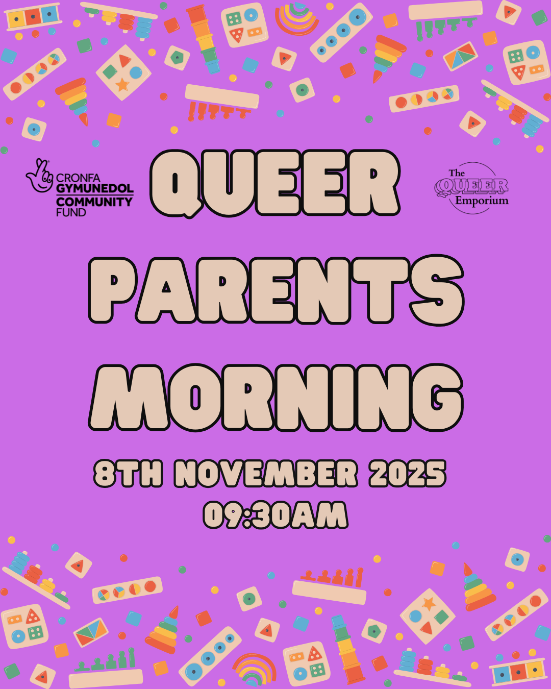 Dark blue background, featuring images of multicoloured toys along the top and bottom of the page. Also featured is the title of the event, date (08/11/2025) and time (09:30).