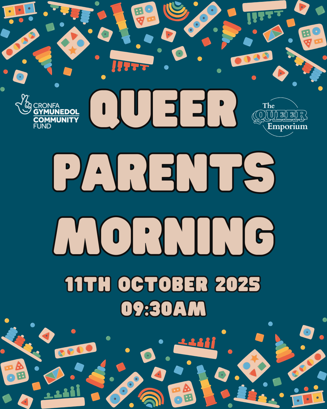 Dark blue background, featuring images of multicoloured toys along the top and bottom of the page. Also featured is the title of the event, date (11/10/2025) and time (09:30).
