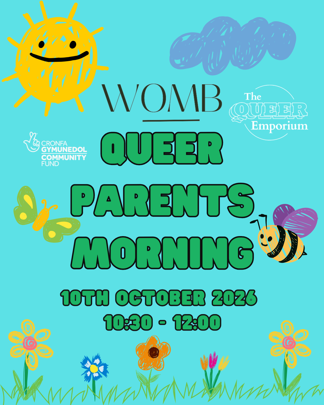 Light blue background, featuring images of multicoloured flowers along the bottom. Also featured is the title of the event, date (10/10/2026), location (Womb Studio) and time (10:30-12:00).