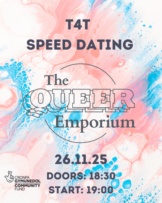 Blue, pink and white marbled background, with title of the event, date (26/11/2025), event opening time (18:30) and start time (19:00) included. It also includes The Queer Emporium's and the National Lottery Community Fund's logos.