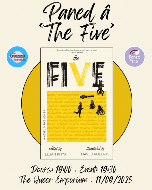 Promotional poster for 'The Five' event at The Queer Emporium with information about the event, including date (11/09/2025), times (doors open at 19:00 and event begins at 19:30).