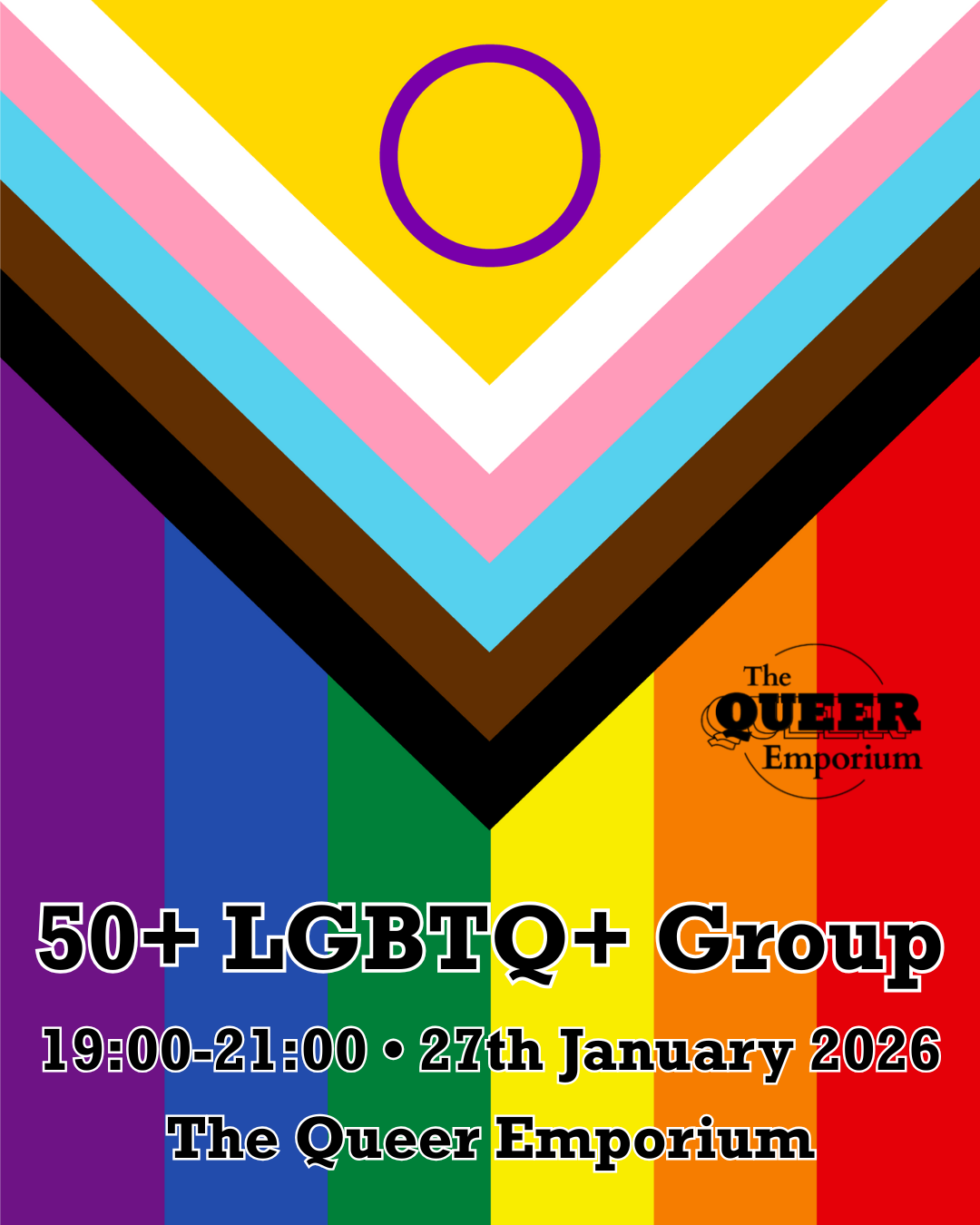 The Intersex Progress Flag with The Queer Emporium logo on top of it, plus the name of the event, time (19:00-21:00), date (27/01/2026) and location (The Queer Emporium).