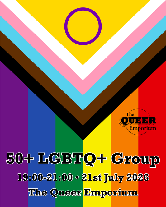 The Intersex Progress Flag with The Queer Emporium logo on top of it, plus the name of the event, time (19:00-21:00), date (21/07/2026) and location (The Queer Emporium).