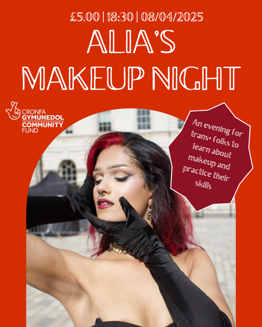 Red background, featuring an image of Alia in black gloves, with red and black hair, showcasing her side profile. It features the cost of attendance to Alia's Makeup Night (£5.00), time (18:30) and date (08/04/2025).