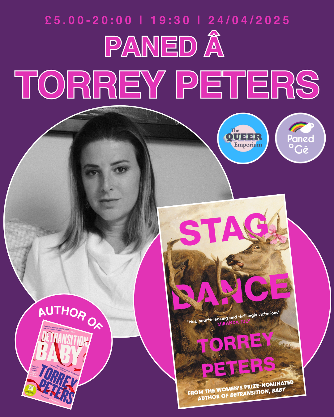 Purple background with black and white photo of Torrey Peters on it, and information about the event (price, time (19:30) and date (24/04/2025) alongside the cover of the book and her previous book, 'Detransition, Baby'.