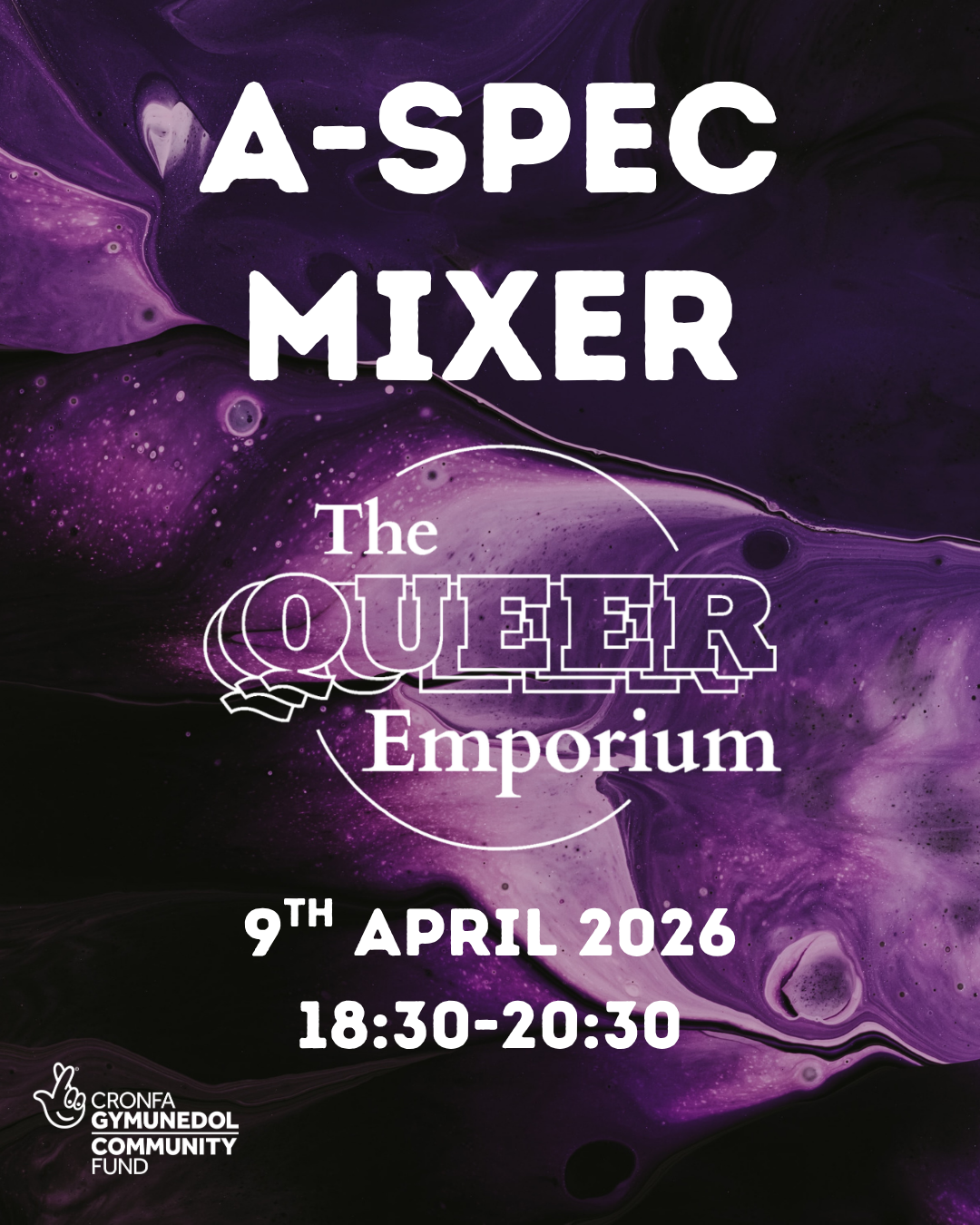 Poster for A-Spec Mixer at The Queer Emporium, featuring the date (09/04/2026) and time (18:30-20:30). It has a purple, marbled background and features logos of The Queer Emporium and National Lottery Community Fund.