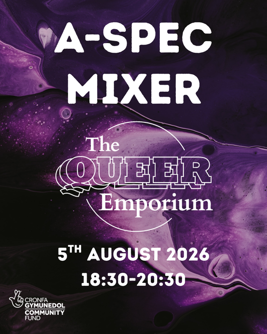 Poster for A-Spec Mixer at The Queer Emporium, featuring the date (05/08/2026) and time (18:30-20:30). It has a purple, marbled background and features logos of The Queer Emporium and National Lottery Community Fund.