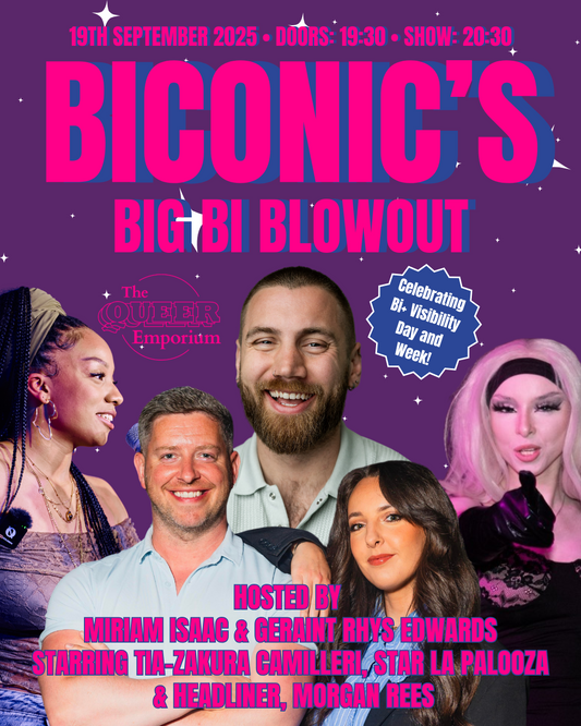 Promotional poster for Biconic's Big Bi Blowout event featuring photos of the acts, the date (19/09/2025) and times of the show (doors: 19:30, show: 20:30) on a purple background.