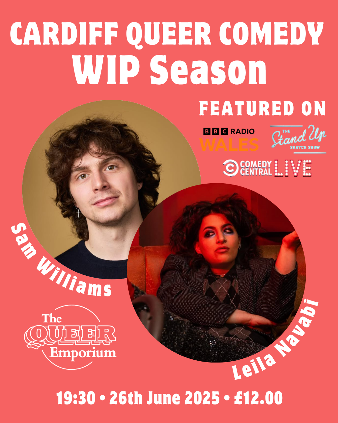 Light red background featuring images of Leila Navabi and Sam Williams. It includes information about the event including time (19:30), date (26/06/2025) and price for the event (£12.00).