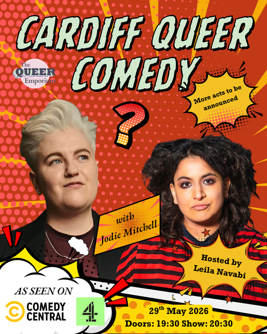 Red background, featuring stripes and spots and overlaying it, images of Leila Navabi and Jodie Mitchell. It includes the date of the event (29/05/2026) and the time doors open (19:30) and the event begins (20:30).