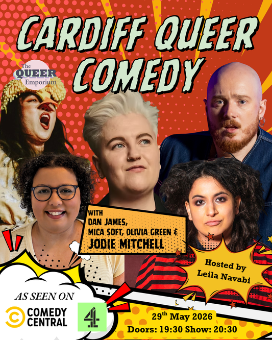 Red background, featuring stripes and spots and overlaying it, images of Leila Navabi, Dan James, Mica Soft, Olivia Green and Jodie Mitchell. It includes the date of the event (29/05/2026) and the time doors open (19:30) and the event begins (20:30).