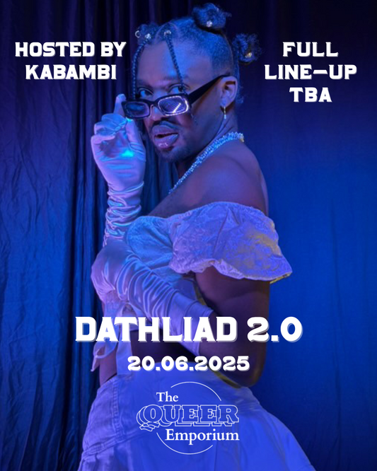 Photo of Kabambi, lit in shades of blue, wearing white clothes, skirt and top, posing with some glasses. The event will take place on 20th June 2025.
