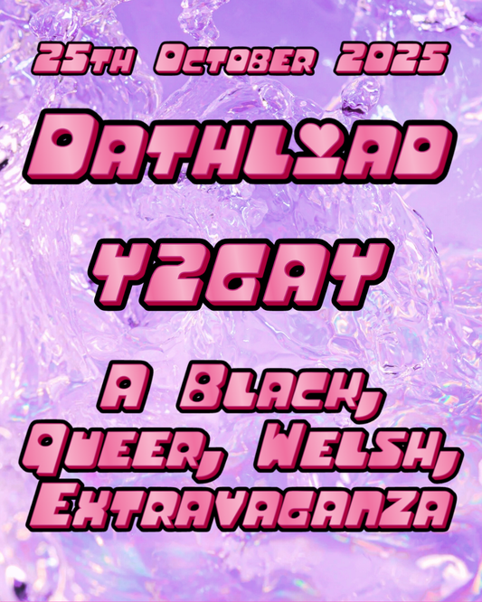 Promotional poster for Dathliad: Y2GAY on 25th October 2025, with a wavy purple background.