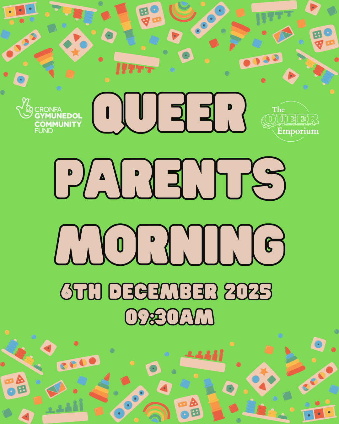 Light green background, featuring images of multicoloured toys along the top and bottom of the page. Also featured is the title of the event, date (06/12/2025) and time (09:30).