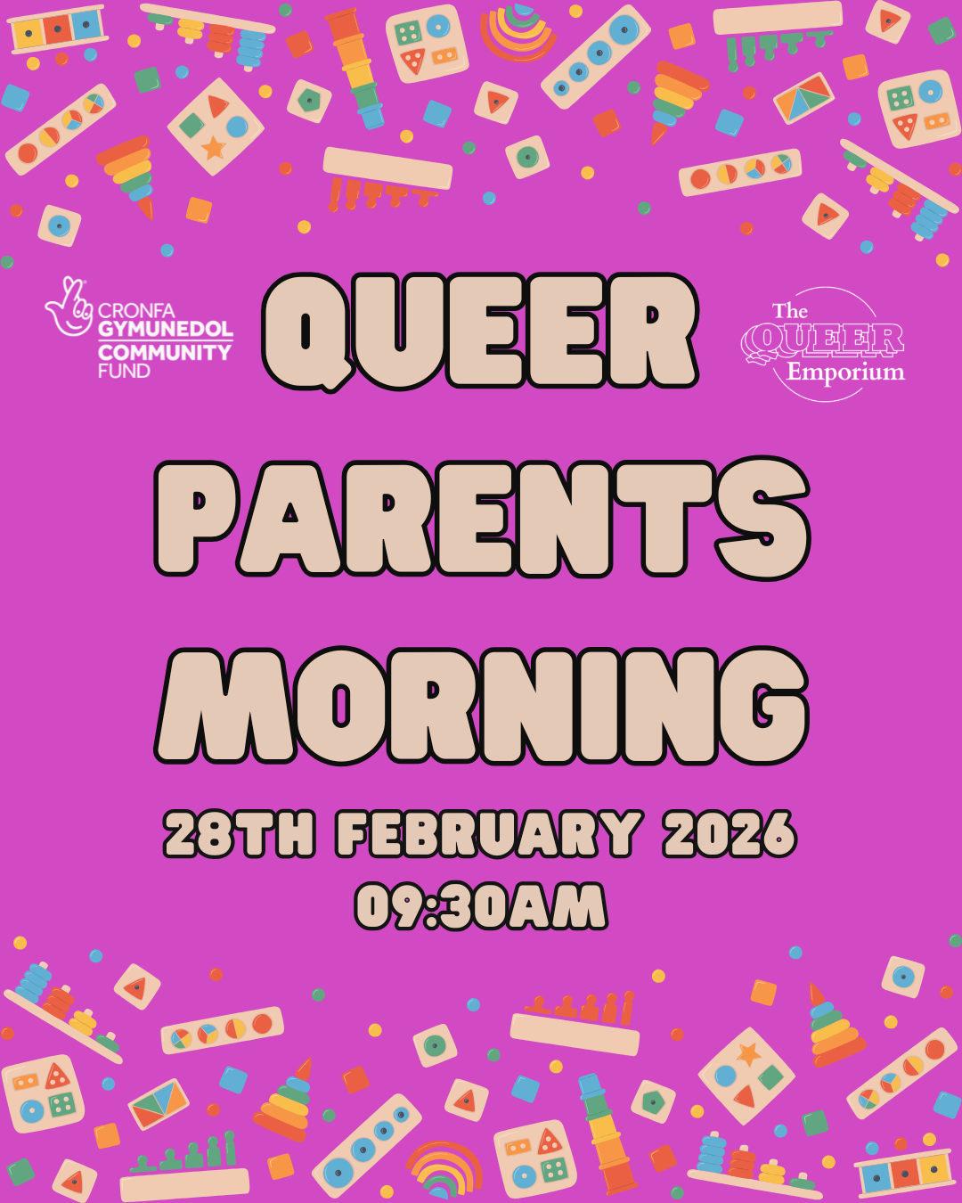 Light purple background, featuring images of multicoloured toys along the top and bottom of the page. Also featured is the title of the event, date (28/02/2026) and time (09:30).