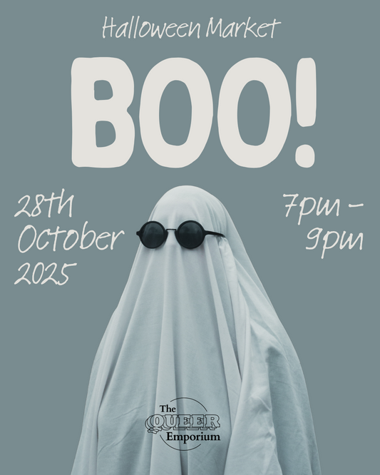 Poster for The Queer Emporium's Halloween Market, featuring a person covered with a white bed sheet on a grey background. Also included is the date (28/10/2025) and time (7PM-9PM).