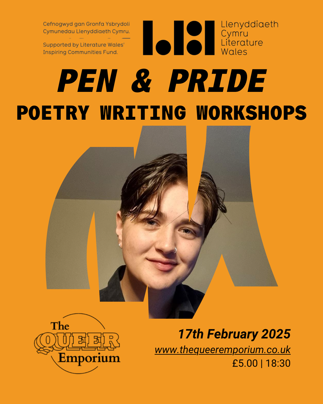 Orange background featuring the name of the workshop and subtitle ('poetry writing workshops'). It has an image of facilitator, Leo Drayton, in the centre of the page, and necessary information for the event below this: date (17/02/2025), price (£5.00) and time (18:30).