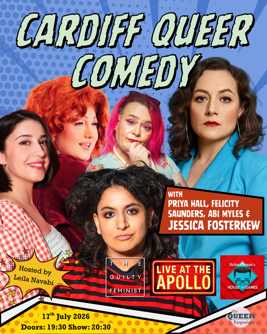 Blue background, featuring stripes and spots and overlaying it, images of Leila Navabi, Priya Hall, Felicity Saunders, Abi Myles, & Jessica Fostekew. It includes the date of the event (17/07/2026) and the time doors open (19:30) and the event begins (20:30).