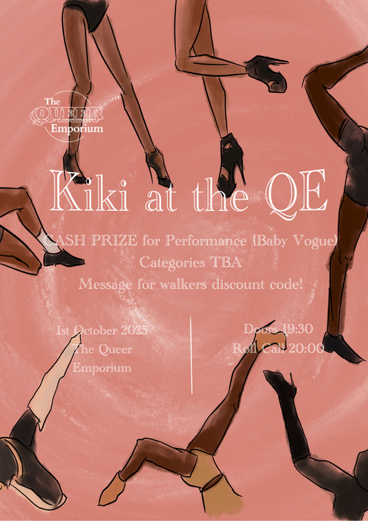 Promotional poster for 'Kiki at the QE' event with illustrations of legs and text on a pink background.
