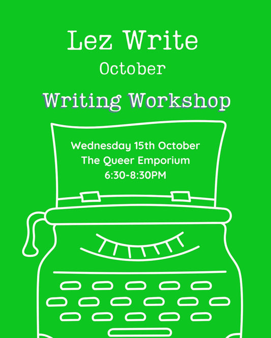 Graphic for 'Lez Write October' workshop with a typewriter illustration on a green background, and the date (15th October) and time (6:30-8:30PM) of the event.