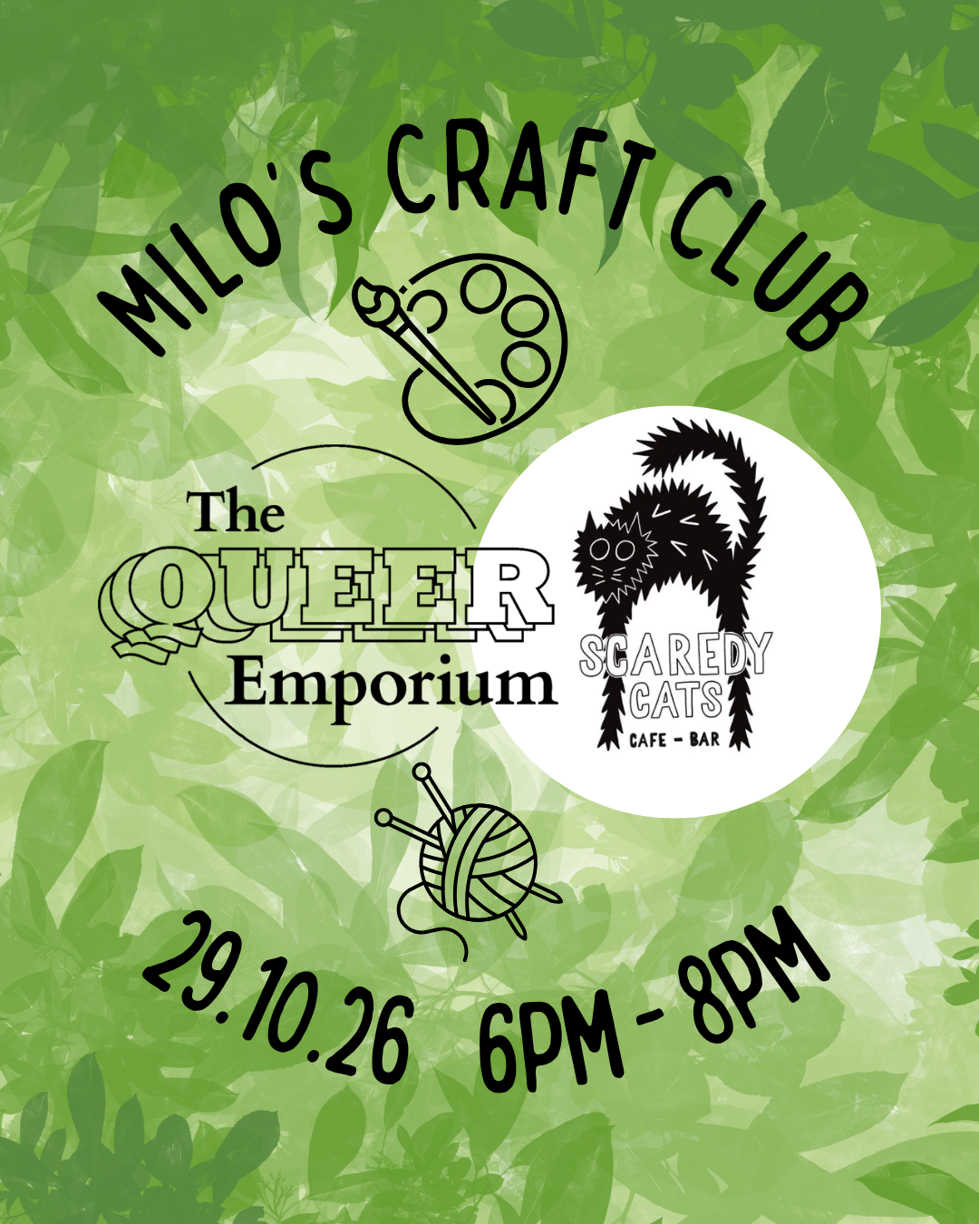 Illustrated leaves colour the background, information for the event overlaying it: time (18:00-20:00), date (29/10/2026) and location (Scaredy Cats Cafe Bar).
