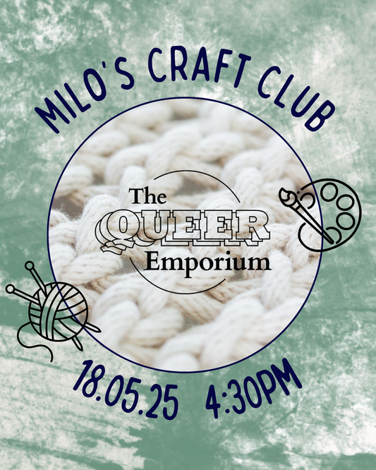 Green marbled background with a circle in the centre, featuring knotted wool, also featuring The Queer Emporium's logo. Around this circle, necessary information for the event is written (including title, date (18/05/25) and time (16:30). There are also outlines of craft-related images, such as knitting needles, a ball of yarn and a paint brush and artist's pallet. 