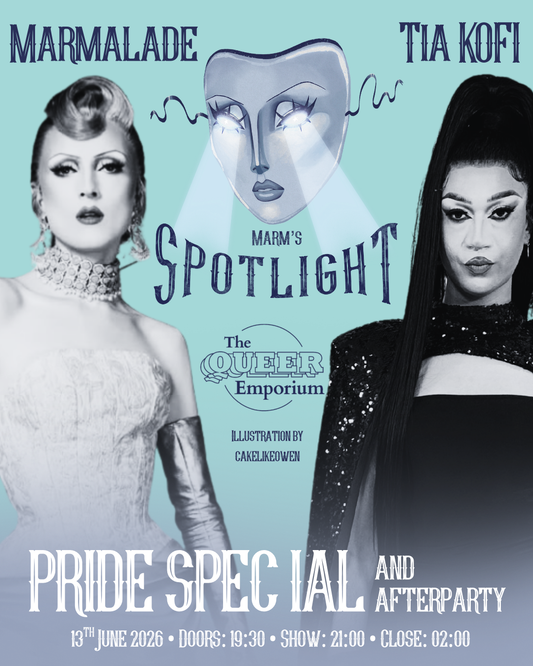 Light blue background with photos of drag performers Marmalade and Tia Kofi.