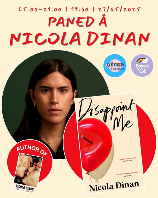 Beige background with photo of Nicola Dinan on it, and information about the event (price, time (19:30) and date (27/05/2025) alongside the cover of the her latest book, 'Disappoint Me', and her previous book, 'Bellies'.