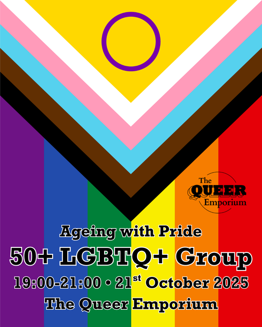 The Intersex Progress Flag with The Queer Emporium logo on top of it, plus the name of the event, time (19:00-21:00), date (21/10/2025) and location (The Queer Emporium).