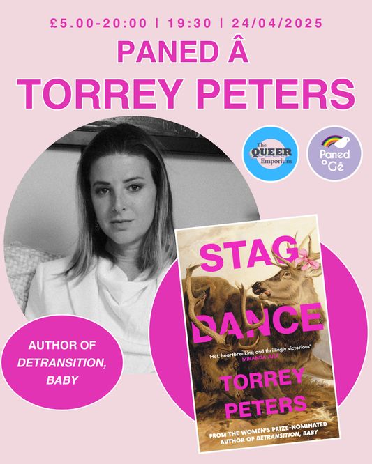 Light pink background with black and white photo of Torrey Peters on it, and information about the event (price, time (19:30) and date (24/04/2025) alongside the cover of the book.