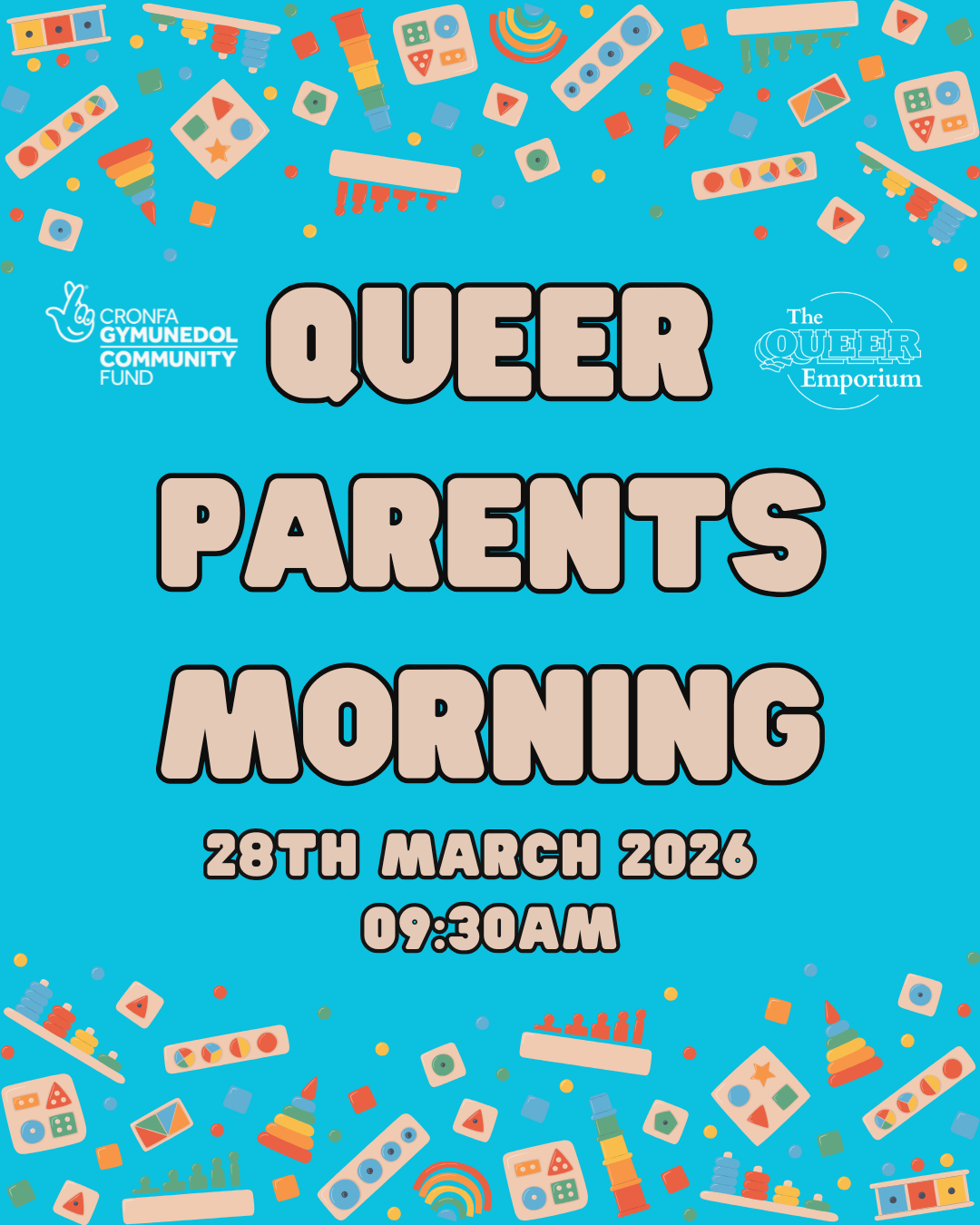 Light blue background, featuring images of multicoloured toys along the top and bottom of the page. Also featured is the title of the event, date (28/03/2026) and time (09:30).