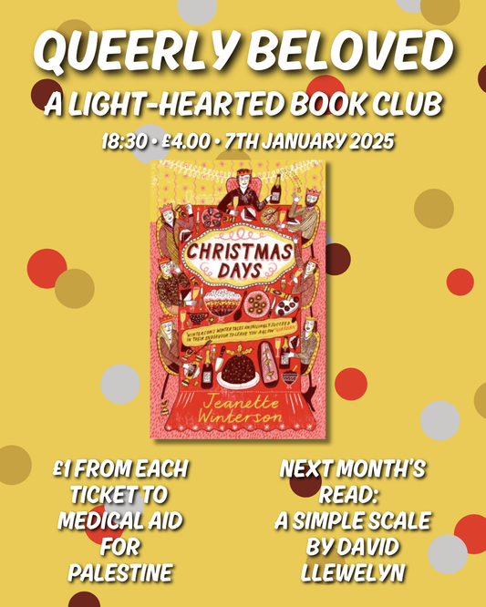 Yellow background with the information for the event: time (18;30), and date (07/01/2025). There is a cover of the book the group is discussing this month and above this, the tagline for the book club: 'A light-hearted book club'.