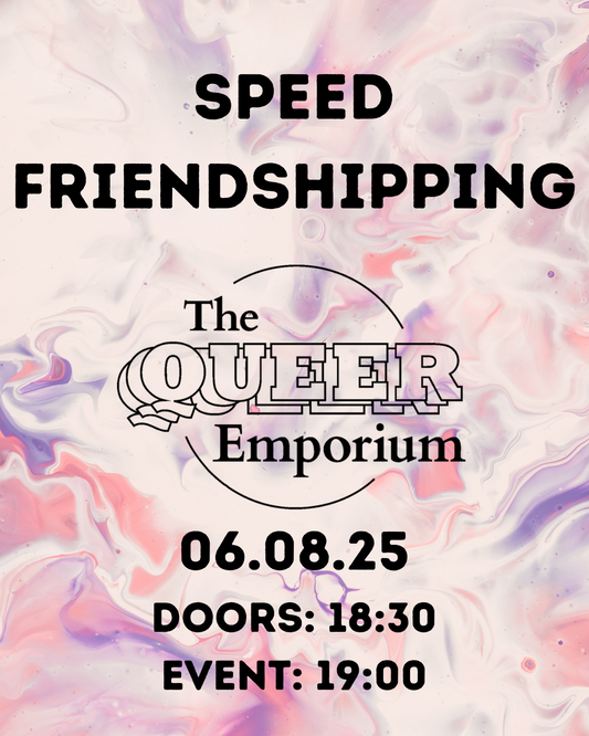 Pink and purple marbled background, featuring The Queer Emporium logo, name, doors open (18:30), start time (19:00) and date (06/08/2025) of the event.