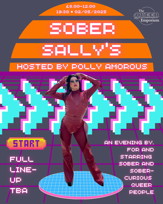 Orange, stripped sunset, on a grey background, featuring details of the event, including price, time (19:30) and date (02/05/2025). Underneath this is a photo of Polly Amorous, with dark hair in red leather, stood on a blue and pink platform. There is a purple and grey grind in place of the floor, and pixilated pink, white and blue arrows behind Polly.