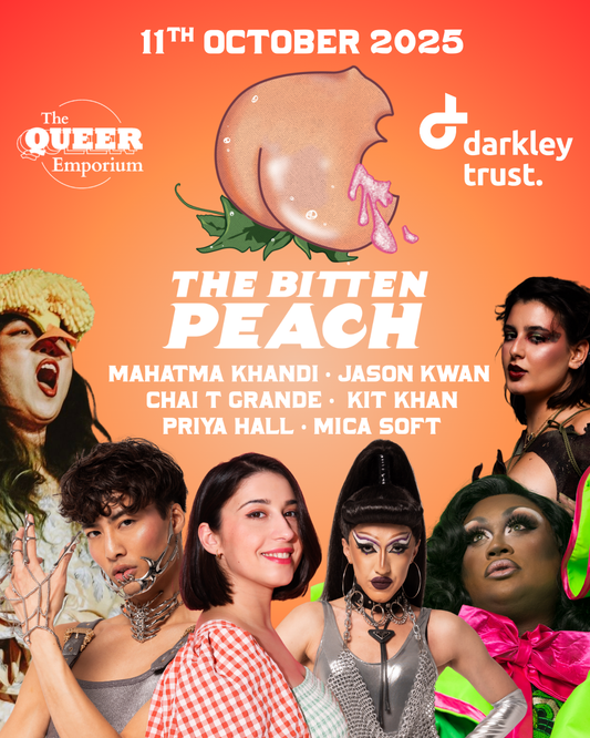 Orange background with The Bitten Peach's logo. It features the date of the show (11/10/2025) and photos of the cast, including Mahatma Khandi, Jason Kwan, Chai T Grande, Kit Khan, Priya Hall and Mica Soft.