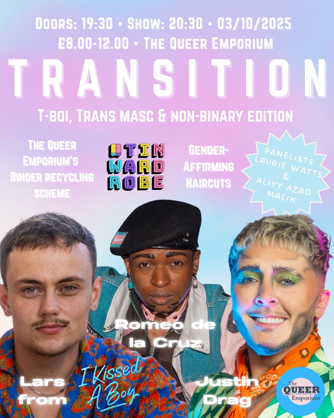 A pink and blue poster with the title, 'Transition: T-Boi, Trans Masc & Non-Binary Edition'. It includes information about the night, including time (doors at 19:30 and show at 20:30), price (£8.00-12.00), name of performers and panelists (Lars Fellows, Romeo de la Cruz, Laurie Watts & Aliyy Azad Malik) and names of resources available (TIN Wardrobe, Binder Recycling Scheme & Gender Affirming Haircuts).